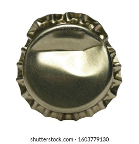 Golden Bottle Cap For Beer Isolated On White, Macro