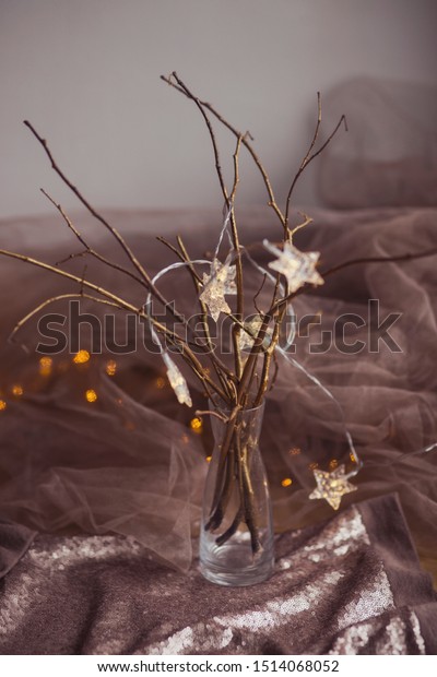 Golden Branches Glass Vase Fairy Lights Stock Photo Edit Now