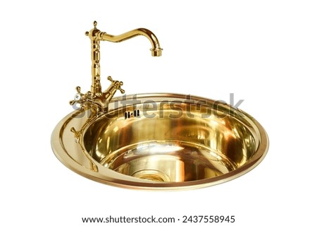 Golden brass sink and faucet double tap mixer in contemporary modern design for insert into modern contemporary kitchen countertop isolated on white mockup.