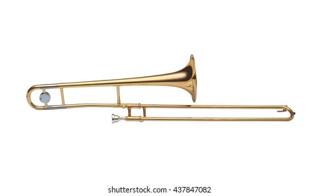 golden brass tenor trombone isolated on white background