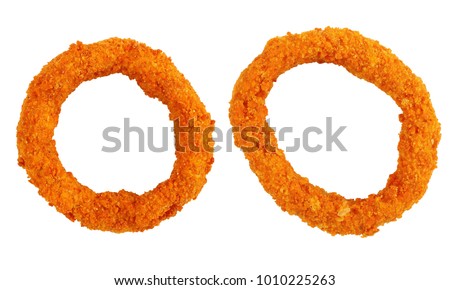 golden breaded battered crispy two onion rings isolated on white background, view from above, close-up