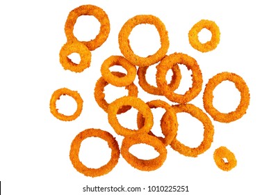 golden breaded fried onion rings isolated on white background, view from above