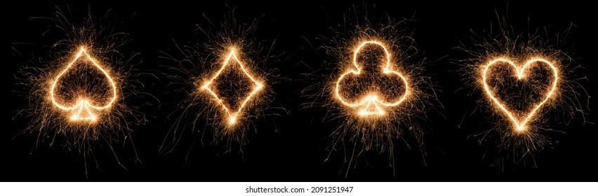 Golden Bright Sparkler Playing Card Symbols Complete Set Collection Heart, Club, Diamond And Spade  Isolated On Dark Black Background. Poker Casino And Gambling Design Pattern