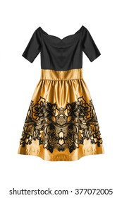 Golden Brocade Cocktail Dress Isolated Over White