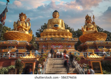 Golden Buddha In Kathmandu On A Background Of The Himalayas Mountains