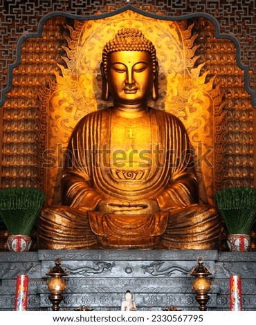 golden buddha statue in chinese temple for banners, posters, information graphics, prints layout covering books, magazine pages, advertising materials, advertisement marketing, social media headers
