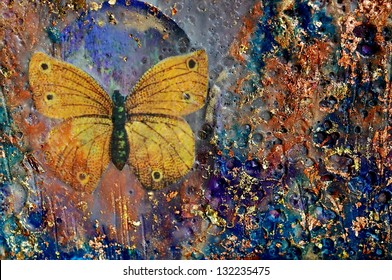 Golden Butterfly, Encaustic And Mixed Media By Artist Kim McCarthy.