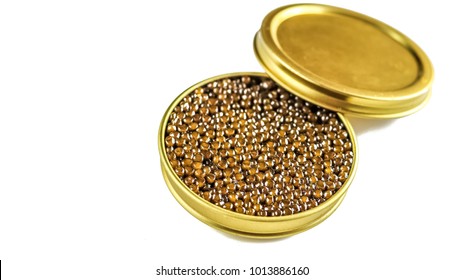 Golden Can Of Black Sturgeon Caviar Isolated On White