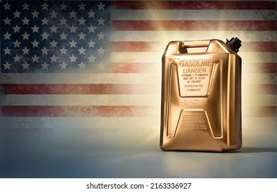 Golden can of gasoline against the background of the flag of the United States of America - Shutterstock ID 2163336927