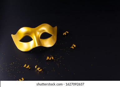 Golden Carnival Mask With Copy Space. Carnival, Mardigras, Or Brazilian Carnival Concept.