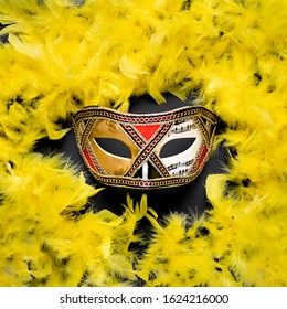 Golden Carnival Mask With Yellow Feather Boa 