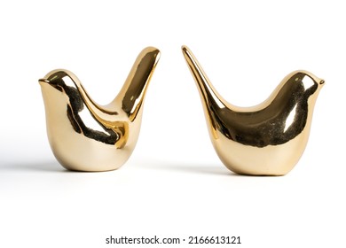 Golden Ceramic Bird On White Background