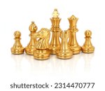 Golden chess group isolated on white background. Business strategy brainstorm. Teamwork Concepts.