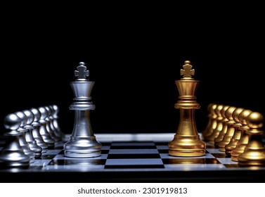 The golden chess king leads the silver chess pieces on the chessboard, business, success, competition,Teamwork and leadership concept.