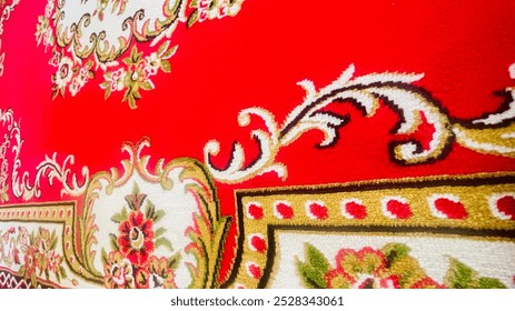 A golden Chinese dragon statue with intricate floral patterns on a red wall and roof, surrounded by vintage decorations and ornaments for a festive celebration
 - Powered by Shutterstock