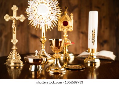 Golden Christianity Symbols Composition Cross Monstrance Stock Photo ...