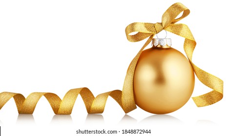 Golden christmas ball with ribbon isolated over white background. Holiday ornament, winter decoration.