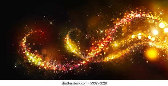 Golden Christmas And New Year Glittering Stars Swirl On Black Bokeh Background. Backdrop With Sparkling Golden Stars, Holiday Garland, Magic Glowing Dust, Lights. Gold Abstract Glitter Blinking Spark