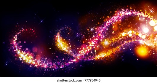 Golden Christmas And New Year Glittering Stars Swirl Bokeh Background, Backdrop With Sparkling Golden Stars, Holiday Garland, Magic Glowing Dust, Lights. Violet, Gold Abstract Glitter Blinking Sparks