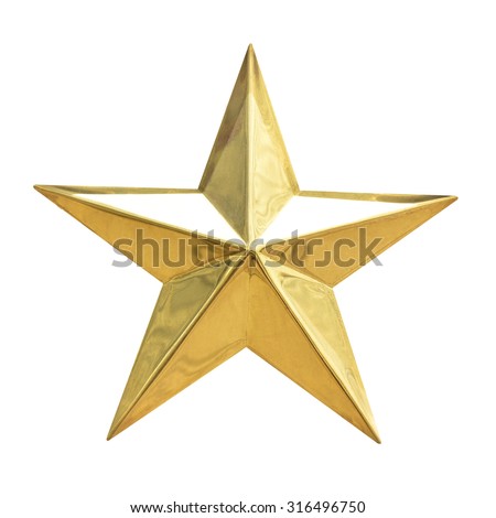 Golden Christmas Star isolated on white Background. Top View Close-Up Gold Star render (isolated on white and clipping path)