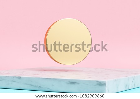 Golden Circle Icon on Pink Background . 3D Illustration of Golden Circle, Circle Thin, Circular, Round Icons on Pink Color With White Marble.