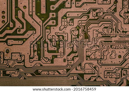 Golden circuit board. Electronic computer hardware technology. Motherboard digital chip. Tech science background. Integrated communication processor. Information engineering component.