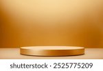 Golden circular platform on a matching yellow background, perfect for product display or presentation. Premium photo mockup for product photography purposes.