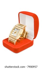 Golden clock in red box. Isolate on white.