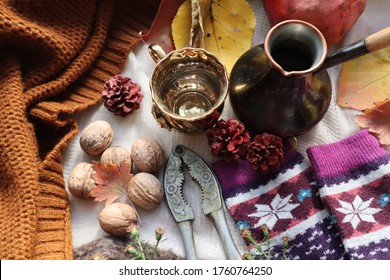 Golden Coffee Cup Copper Turk Jazzve Walnuts Autumn Yellow Leaf Cozy Socks And Sweaters Composition On The Table Background