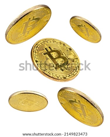 Golden coin with bitcoin symbol falling in the air isolated on white background, Shiny golden physical cryptocurrencies Bitcoin symbol coins on white With clipping path.