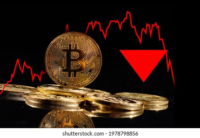 Golden coins with bitcoin logo drop at bear market. Pullback of leader cryptocurrency Bitcoin BTC in trading. Decentralized digital currency fell. Crypto collapse. Electronic money on black background - Shutterstock ID 1978798856
