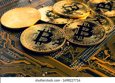 Golden coins with bitcoin symbol on a mainboard. - Shutterstock ID 1698227716