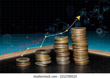 Golden Coins Showing Stock Market Going Up Concept With Chart.