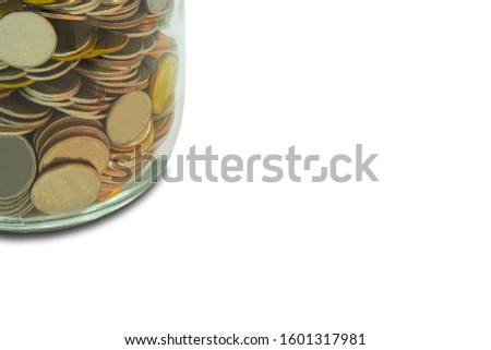 golden coins stack in clear bottle isolated on white background for business finance profit growth investment or graph of saving money concept