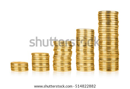 Golden coins stacks arranged as a graph isolated on white background