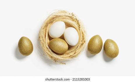 Golden color eggs in nest from straw on white background. Stylish gold egg for easter spring holiday. Top view decorative shiny Easter eggs minimal style card with copy space. - Powered by Shutterstock