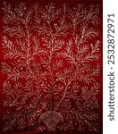 Golden colored leaf ornaments on red background. Traditional Ottoman palace motifs pattern on antique seamless fabric, vertical close-up view.