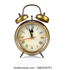 Golden Colored Old Style Alarm Clock Isolated On White Background. Countdown To Midnight, Noon, New Year