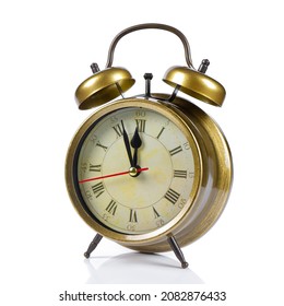 Golden Colored Old Style Alarm Clock Isolated On White Background. Countdown To Midnight, Noon, New Year