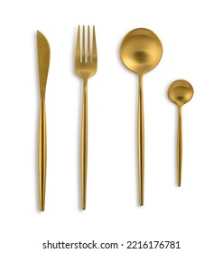 Golden coloured cutlery set with Fork, Knife, Spoon and tea spoon isolated on white background. Clipping path included.
