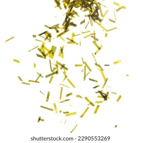 Golden Confetti Foil fall splashing in air. Gold Confetti Foil explosion flying, abstract cloud fly. Many Party glitter scatter in many group. White background isolated high speed shutter freeze - Shutterstock ID 2290553269