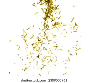 Golden Confetti Foil fall splashing in air. Gold Confetti Foil explosion flying, abstract cloud fly. Many Party glitter scatter in many group. White background isolated - Powered by Shutterstock