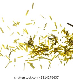Golden Confetti Foil fall splashing in air. Gold Confetti Foil explosion flying, abstract cloud fly. Many Party glitter scatter in many group. White background isolated high speed shutter freeze - Shutterstock ID 2314276637