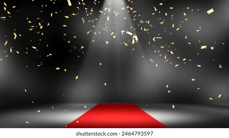 golden confetti rain with motion blur and spotlight on red carpet on stage background, empty festive backdrop template for award ceremony or happy new years event with space for products or text  - Powered by Shutterstock