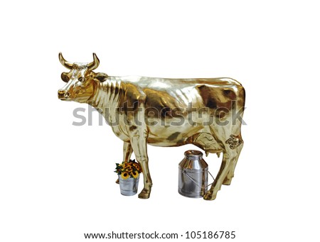 A golden cow with a milk can and a bucket of sunflower, isolated against white, for the concept of cash cow.