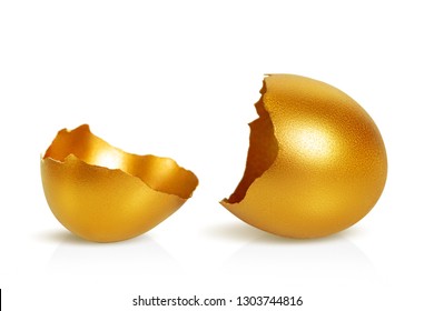 Golden cracked eggshell close-up. Macro. White background - Powered by Shutterstock