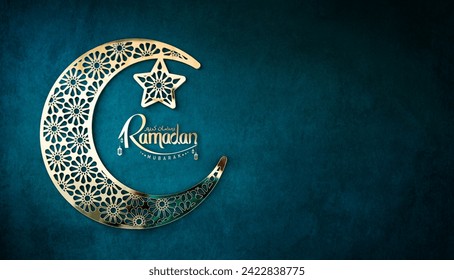 Golden Crescent moon shape isolated on green colour background with Ramadan greeting text, Ramadan Mubarak banner design with copy space, 2024 Ramadan Kareem poster design - Powered by Shutterstock