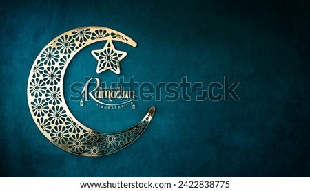 Golden Crescent moon shape isolated on green colour background with Ramadan greeting text, Ramadan Mubarak banner design with copy space, 2024 Ramadan Kareem poster design