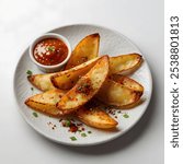 Golden Crispy Potato Wedges in White Bowl - Isolated, White Background, Fried Snack, Delicious Side Dish