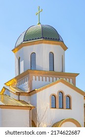 Golden Cross At Orthodox Christian Church Building Dome Sunny Day